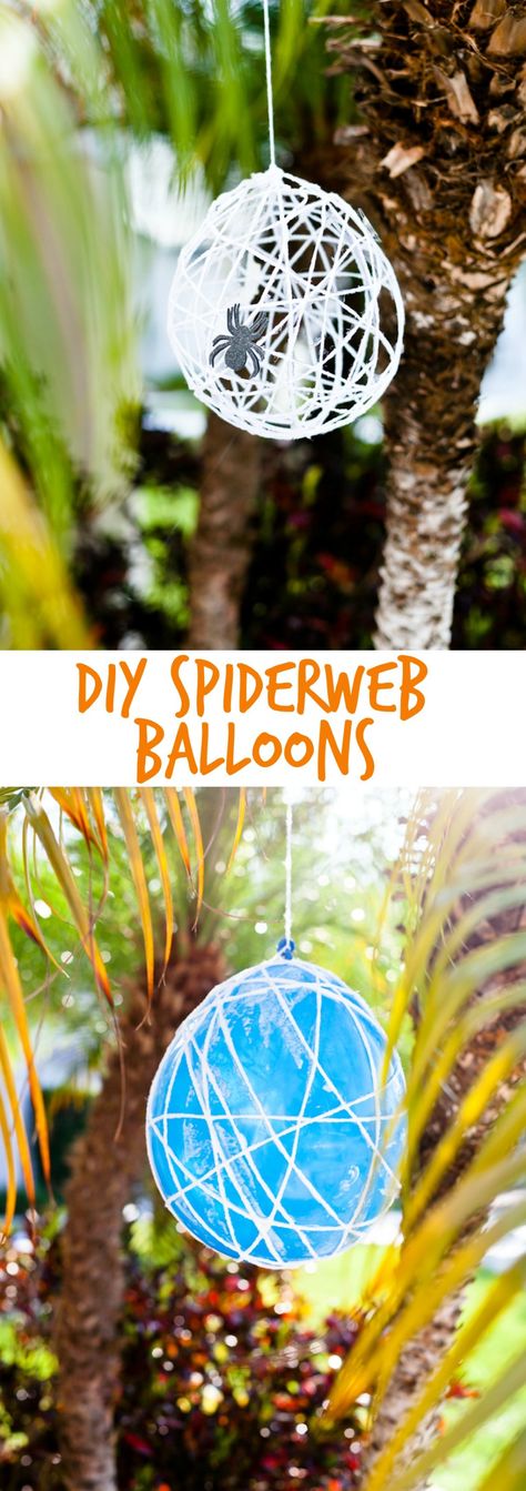 Spider Web Balloons, Balloon Spider Web, Diy Spiderweb Decoration, Spiderman Halloween Decorations, Yarn Spider Web Diy, Spiderweb Decorations Halloween, Spider Web Decoration Outdoor, Diy Spiderweb, Spider Balloon