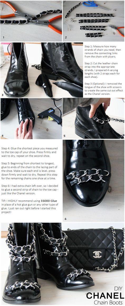 DIY Chanel Chain Boots - Tutorial Step by Step Upcycled Boots Diy, Shoe Tutorials, Chain Boots, Chanel 2016, Boots Diy, Shoe Refashion, Shoe Makeover, Boot Chains, Chanel Boots