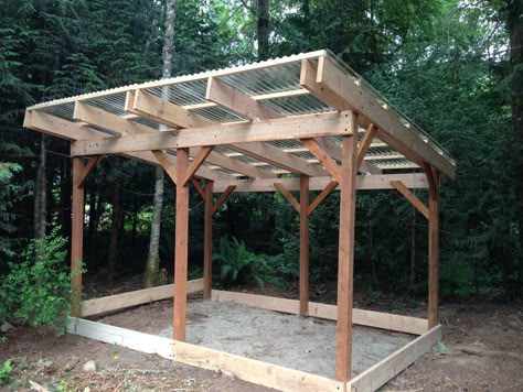 Wood shed I built! 12x8 - No floor as I'll use pallets and treated 4x4s. Roof uses corrugated poly. Beams are attached to pier blocks below surface. 2x8 rafters with 2x2 purlins for attaching poly. #woodshed #diyshed #firewood Pergola Entrance, Porch Roof Design, Entrance Landscape, Ombra Pergola, Garden Pergola, Intimate Garden, Porch Roof, Pergola Design, Firewood Storage