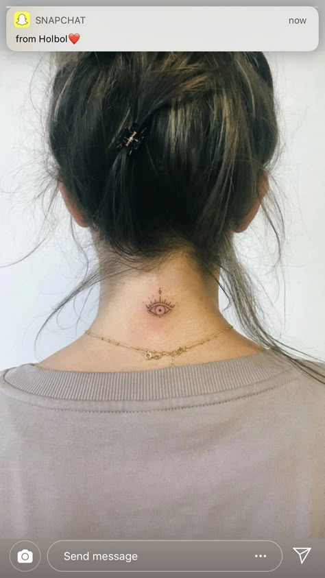 Third Eye Tattoo Back Of Neck, Evil Eye Neck Tattoos Women, Eye On Neck Tattoo, Eye On Back Of Neck Tattoo, Evil Eye Tattoo Neck, Evil Eye Tattoo Back Of Neck, Evil Eye Neck Tattoo, Evil Eye Tattoo Behind Ear, Minimalistic Tattoo Ideas