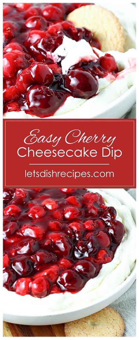 Easy Cherry Cheesecake Dip Recipe -- Sweetened cream cheese and whipped cream are combined then topped with homemade cherry pie filling in this super easy dessert that everyone loves! Cream Cheese And Cherry Dessert, Cream Cheese And Cherry Pie Filling, Cherry Pie Filling Cool Whip Dessert, Cherry Cool Whip Dessert, Cheesecake Dip Easy, Cherry Pie Dip Cream Cheeses, Cheery Cheesecake Dip, Cherry Cheesecake Dip Recipe, Cherry Cheesecake Dip