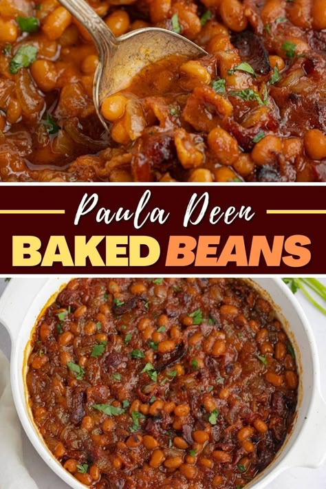 This Southern-style recipe for Paula Deen baked beans is totally on-point! With bacon, onions, maple syrup, and more, these might be the best baked beans you'll ever have. Paula Deen Baked Beans, The Best Baked Beans, Southern Baked Beans, Baked Beans From Scratch, Baked Beans Crock Pot, Slow Cooker Baked Beans, Best Baked Beans, Baked Beans With Bacon, Bbq Baked Beans