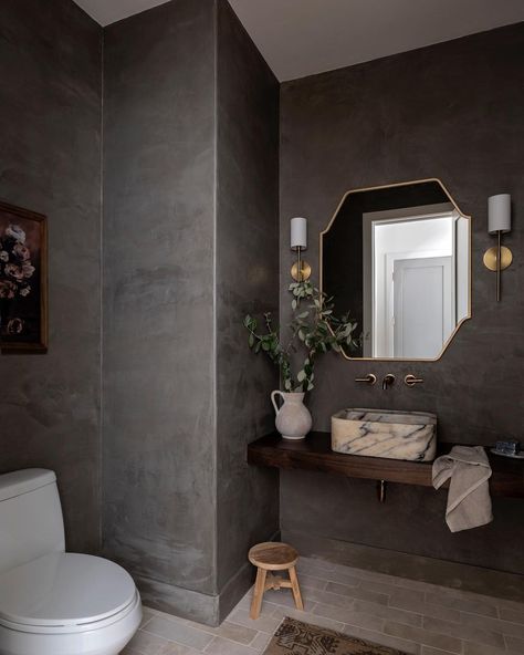 Portola Paints (@portolapaints) • Instagram photos and videos Moody Bathroom, Half Bathroom, Powder Bath, Bathroom Inspo, Mirror Interior, Asymmetrical Design, Mirror Wall Decor, Bathroom Inspiration, Bathroom Interior Design