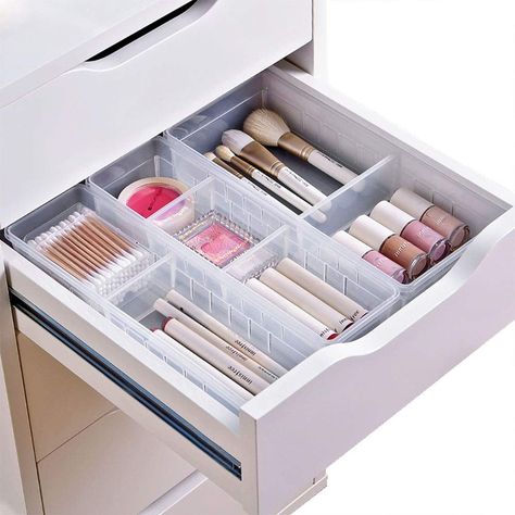 Chris.W Desk Drawer Organizer Tray With Adjustable Dividers Makeup Drawer Dividers, Office Drawer Organization, Desk Drawer Organizer, Rangement Makeup, Flatware Organizer, Ikea Alex, Makeup Drawer Organization, Bathroom Drawers, Makeup Drawer