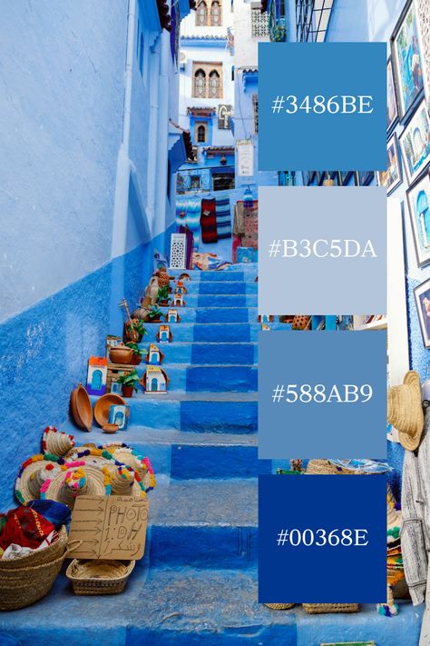 Blue Street in Chefchaouen: The image showcases the famous blue-washed walls and stairs of Chefchaouen, Morocco. The varying shades of blue throughout the scene create a serene and cohesive blue shades color palette, reflecting the city's tranquil ambiance. Blue City Morocco, Color Scheme Generator, Blue Color Palettes, Majorelle Blue, Chefchaouen Morocco, Blue Shades Colors, Blue Chinoiserie, The Deep Blue Sea, Blue Palette