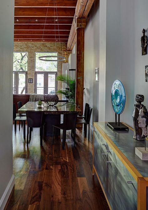 Industrial Style Kitchen in a Chicago Townhouse Chicago Townhouse, Kitchen Ladder, Beam Structure, Cement Walls, Industrial Style Kitchen, Brick Walls, Lincoln Park, Post And Beam, Upper Cabinets