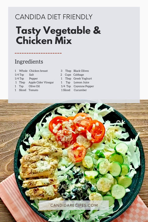 Candida Friendly Salad Recipe: Tasty Vegetable & Chicken Mix Diet Chicken Recipes, Anti Candida Recipes, Diet Salad, Diet Salad Recipes, Candida Recipes, Candida Diet Recipes, Candida Cleanse, Salad Diet, Easy Clean Eating Recipes