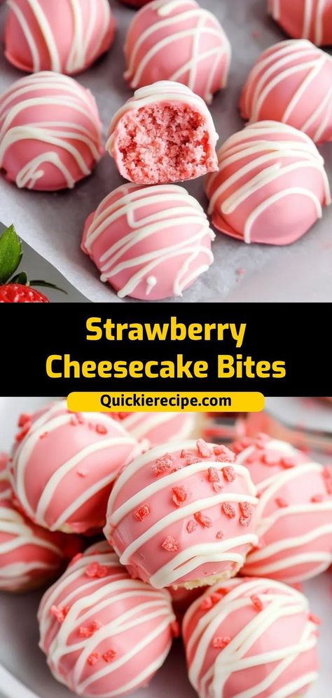 These Strawberry Cheesecake Bites are a bite-sized, no-bake dessert filled with creamy cheesecake filling inside fresh strawberries. Perfect for parties or a quick treat! Ingredients: 12 large strawberries, hollowed 1 cup cream cheese, softened 1/2 cup powdered sugar 1 tsp vanilla extract A sweet, creamy treat that’s as easy to make as it is to eat Raspberry White Chocolate Cheesecake Bites, Blueberry Cream Cheese Bites, How To Make Strawberry Cream Cheese, Choc Covered Strawberries Valentines, Strawberry Truffles Easy, Christmas Desserts Strawberry, Quick Easy Sweet Treats Simple, Valentine’s Day Desserts To Sell, Pink Sweet Treats