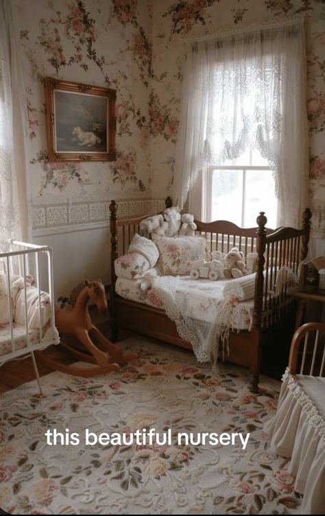 Vintage Bear Nursery, Coquette Baby Room, English Cottage Nursery, Toddler And Baby Shared Room, Antique Baby Nursery, Cottagecore Nursery, Victorian Nursery, Babies Rooms, Toddler And Baby Room