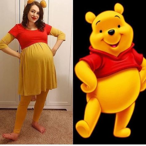 This is an easy last-minute costume! And such a cute one!! Who knew that Winnie The Pooh looks very much like a pregnant mom?! If you're… Pooh Costume Diy, Diy Winnie The Pooh, Maternity Costume, Pooh Costume, Easy Last Minute Costumes, Last Minute Kostüm, Winnie The Pooh Costume, Pregnancy Costumes, Pregnant Halloween Costumes