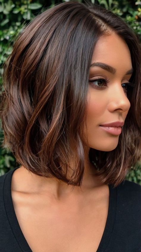 Beautiful Warm Dark Chocolate Bob with Fall Hair Colors Ideas Hair Colors For Dark Hair, Hair Colors Ideas, Dark Fall Hair Colors, Dark Fall Hair, Aveda Hair, Medium Bob Hairstyles, Fall Hair Color For Brunettes, Caramel Highlights, Hair Shades