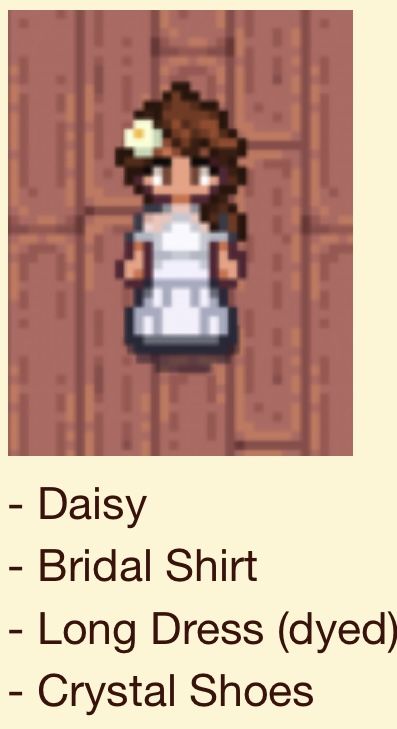 stardew valley outfit ideas Stardew Wedding Dress Recipe, Stardew Valley Bridal Outfit, Stardew Vally Outfits, Stardew Valley Bride Outfit, Stardew Valley Wedding Outfit, Stardew Valley Spring Outfit, Stardew Valley Flower Dance, Stardew Outfits, Cute Stardew Valley Outfits