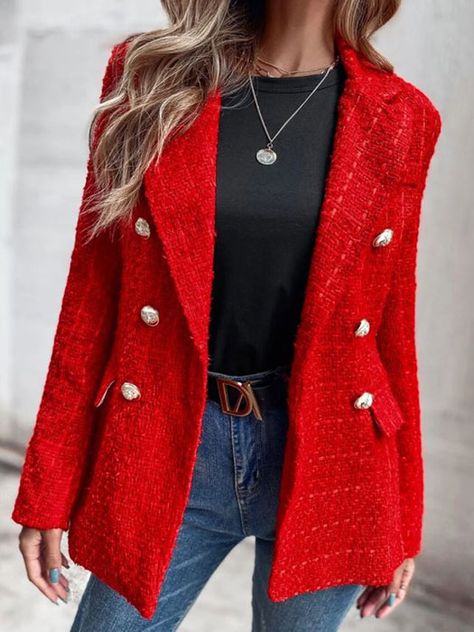 Tweed Blazer Outfit, Red Blazer Outfit, Double Blazer, Women Blazers, Estilo Real, Smart Casual Outfit, Red Blazer, Red Outfit, Blazer Outfits