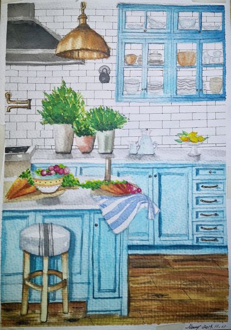 How to draw kitchen - Hi newself Kitchen Island Drawing, Kitchen Counter Drawing, Vintage Kitchen Painting, Painting Of A Kitchen, Kitchen Watercolor Painting, Drawing Of Kitchen, Interior Watercolor Painting, Cute Kitchen Drawing, Kitchen Drawing Sketch