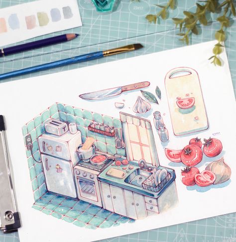 Cute Kitchen Drawing, Watercolor Illustration Art, Tomato Sketch, Watercolor Painting Inspiration, Watercolor Art Cute, Cute Watercolor Painting, Recipe Watercolor, Illustration Art Watercolor, Watercolor Room