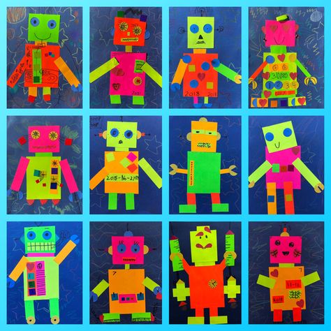 1st grade basic shape robots Shape Robots Kindergarten, Robot Shapes Preschool, Shape Robots Preschool, Robot Crafts For Preschoolers, Robot Craft Preschool, Shape Robot, Robots Preschool, Kindergarten Art Activities, Elementary Art Lesson Plans