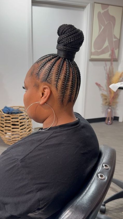 Braided Feed In Bun, Braided Top Knot Bun, Cornrows With Bun, Two Braided Buns, Braided Updo Ponytail, High Bun Braid, Cornrows Into A Bun, Hairstyles For Afro Hair, Small Feed In Braids