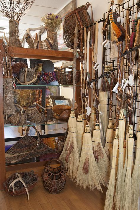 Organic Artist Tree Handcrafted Brooms in Blue Ridge, GA Broom Display Ideas, Witch Cupboard, Witch Store, Handmade Broom, Magic Broom, Blue Ridge Georgia, Broom Closet, Pagan Crafts, Which Witch