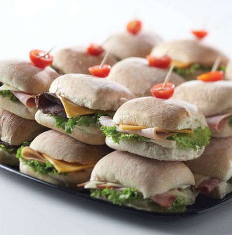 Leave the cooking to us and order a party platter of mini ciabatta rolls stuffed with premium Di Lusso meats, cheeses and crisp leaf lettuce for your next tailgate. Mini Roll Sandwiches, Mini Ciabatta, Ciabatta Rolls, Rolled Sandwiches, Catering Trays, Platter Ideas, Sandwich Platter, Leaf Lettuce, Bbq Catering