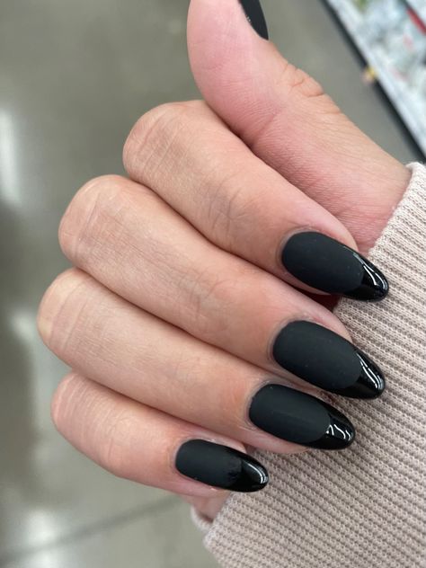 Matte Black And Glossy Black Nails, Almond Matte Nails With Glossy Tips, Black Nails With Matte French, Black Nails With Black French Tip, Matte And Glossy Nails Design Almond, Matte Glossy French Tip Almond, Matte Black Nails With Gloss French Tip, Glossy Nails With Matte Tip, Black On Black Nails French