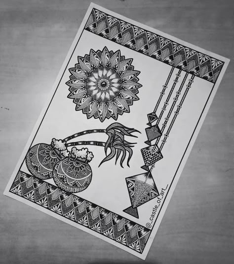 Makar Sankranti Mandala Art Drawing, Pongal Drawing Mandala Art, Mandala Art For Sankranti, Makara Sankranti Drawing, Makar Sankranti Drawing Mandala, Sankranti Drawing Ideas, Latest Mandala Art, Sankranti Mandala Art, Makar Sankranti Drawing Ideas