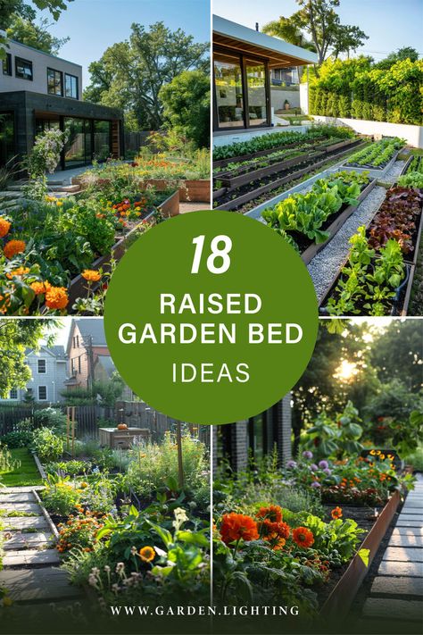 a collage of photos of raised garden beds with flowers and plants Unique Raised Garden Beds, Creative Raised Garden Beds, Beautiful Raised Garden Beds, Upcycled Items, Raised Garden Bed Ideas, Garden Bed Ideas, Raised Bed Garden Design, Building A Raised Garden, Corner Garden