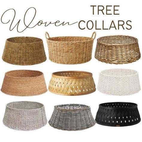 Gorgeous, budget-friendly woven and rattan Christmas tree collars for your holiday decor. #christmasdecor #treecollars #holidaydecorating #christmasdecorations Tree Collar Diy, Diy Tree Collar, Wicker Christmas Tree, Christmas Tree Collars, Rattan Christmas Tree, Woven Christmas Tree, Tree Collar Christmas, Christmas Tree Collar, Using A Paint Sprayer