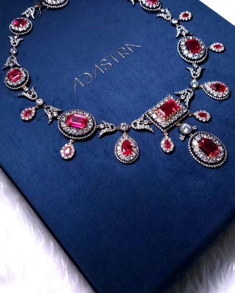 Adastra Jewelry on Instagram: "The Bagration Spinel Necklace originates from Princess Catherine Bagration, a renowned beauty and the niece of Prince Potemkin, who married into the Georgian-Russian dynasty. Known for her love affairs and unconventional behavior as she traveled across Europe, Catherine epitomized love and beauty, symbolized by the red ruby necklace. This exquisite piece features pear, cushion, round, and emerald baguette Asscher-shaped stones, totaling 144 carats. The Bagration Spinel Parure gained additional fame when Laura Montagu, now the Countess of Burlington, modeled it during a photoshoot showcasing major pieces of the Westminster collection in the 1990s.The necklace is a stunning tribute to historical elegance. Beautifully replicated by Adastra , crafted using 925 st Victorian Jewelry Necklace, Historical Jewellery, Ruby Necklace, Jewel Box, Leather Bags Handmade, Victorian Jewelry, Fantasy Jewelry, Stone Jewelry, Ruby