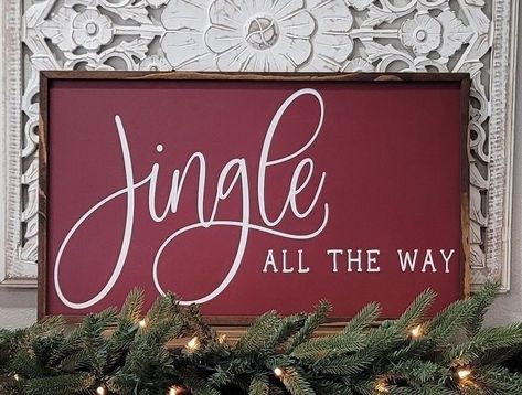 Jingle All The Way Sign, Christmas Wall Signs, Wood Sign Christmas, Provincial Stain, Christmas Signs Diy, Board Signs, Bells Christmas, Chalkboard Ideas, Christmas Themes Decorations