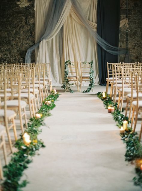 greenery wedding aisle runner Aisle With Candles, Ceremony Backdrop Indoor, Wedding Church Aisle, Aisle Candles, Elegant Wedding Ceremony, Church Aisle, Aisle Decorations, Aisle Runner Wedding, Wedding Ceremony Ideas