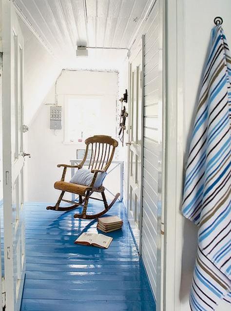 Scandinavian Beach House floor. Fine Paints of Europe Hollandlac Brilliant Paint in BS0012 Pacific Blue Scandinavian Beach House, Beach House Flooring, Fine Paints Of Europe, Coastal Kitchen Design, Painted Wood Floors, Interesting Interiors, Blue Floor, Painted Floor, Rocking Chairs