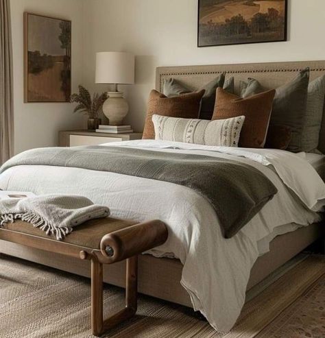 Cream Brown Bedroom Ideas, Brown Bed Frame Bedroom Ideas, Brown And Gray Bedroom, Grey Brown Bedrooms, White And Brown Bedroom, Beige Bed Frame, Brown Bed Frame, Brown Accent Wall, 2025 Goals