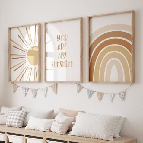 This set of 3 "you are my sunshine" wall art will go perfectly in any child's room or playroom. With earthy terracotta colours to suit gender neutral kids decor. #ad Sunshine Printable, Neutral Nursery Decor, Nursery Art Set, Rainbow Nursery Decor, Rainbow Printable, Nursery Decor Neutral, Reducing Waste, Rainbow Nursery, Art Folder