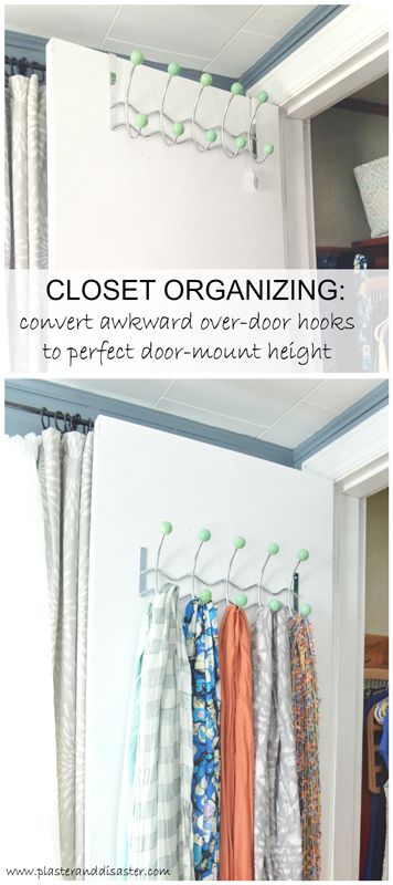 Converting over door hooks to door mount hooks -- Plaster & Disaster Over The Door Hooks Diy, Hooks For Closet Door, Over The Door Storage Pockets, Bathroom Door Hanging Storage, Closetmaid Over The Door Rack, Closet Hooks, Door Coat Hanger, Over Door Hooks, Craft Closet Organization