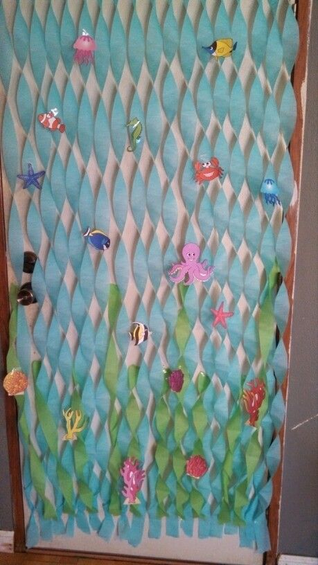 Ocean back drop. Made with party streamers and printable templates Streamer Wall, Mermaid Birthday Party Decorations, Ariel Mermaid, Party Streamers, Ocean Day, Ocean Party, Summer Theme, Children's Ministry, Mermaid Birthday Party