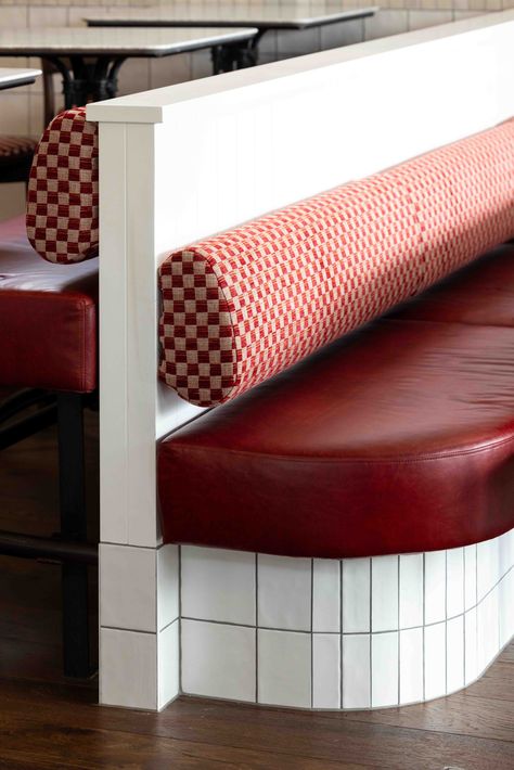 Izzard Design - Farina Ponsonby Booth Seating Design, Kitchen Banquettes, Banquette Seating Restaurant, Restaurant Banquette, Nostalgic Winter, Curved Kitchen Island, Booth Seat, Banquette Design, Red Bench