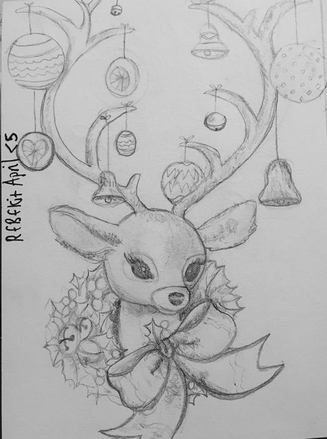 Christmas Drawing Reindeer, Cute Holiday Drawings, Art Sketches Christmas, Cute Drawings For Christmas, Things To Draw Christmas Themed, Winter Drawings Pencil Easy, Winter Drawings Ideas, Christmas Art Sketches, Christmas Pencil Sketches