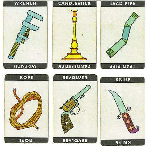 Clue weapon cards by Rosemary Travale, via Flickr Clue Game Characters, Clue Costume, Clue Game, Clue Board Game, Clue Party, Clue Games, Mystery Dinner Party, Board Games Diy, Mystery Dinner