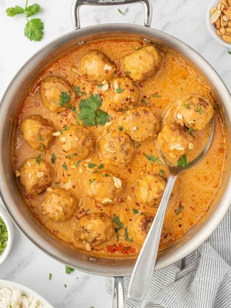 Thai Chicken Meatballs – Cookin' with Mima Thai Ground Chicken, Rice Dinners, Thai Chicken Meatballs, Creamy Coconut Curry, Ground Chicken Meatballs, Curry Meatballs, Meatballs And Rice, Coconut Curry Sauce, Seasoned Bread Crumbs