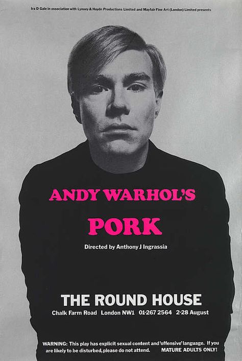 'PORK', Film Poster with Andy Warhol. Cooper Black Font, Basquiat Paintings, Cooper Black, Type Poster, Iconic London, Celebrity Culture, Bouncy Castle, Theatre Poster, Typeface Design