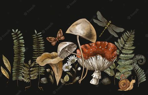 fern and mushroom botanical drawing - Yahoo Image Search Results Vintage Mushroom Art, Mushroom Background, Illustration Botanique Vintage, Cottagecore Wallpaper, Amanita Mushroom, Fern Forest, Dragonfly Painting, Mushroom Paint, Mushroom Wallpaper