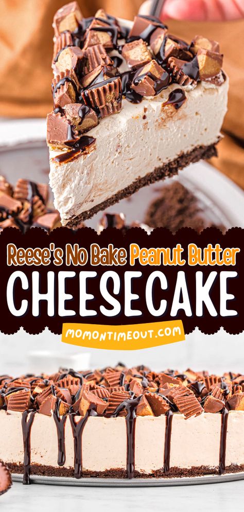 Get ready for this no bake peanut butter cheesecake! Topped with Reese's peanut butter cups and chocolate, this no-bake cheesecake is a tantalizing 4th of July treat. Complete your summer dessert ideas with this unique cheesecake recipe! Easy Reeses Pie, Reeses Pieces Cheesecake Recipe, Recess Dessert, Reese’s Pb Cheesecake, No Bake Reese’s Cheesecake, Resses Dessert Recipes, Reese’s Peanut Butter Cheesecake, Reese Pie, Easy Cheesecake Recipes No Bake