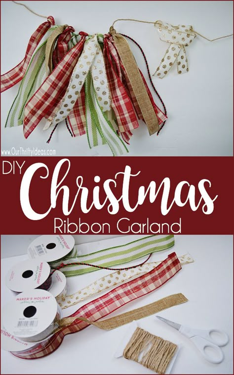 Fabric Strip Garland Christmas, Rag Ribbon Garland, Material Garland Diy, Christmas Tassel Garland Diy, Rustic Christmas Tree Garland Diy, Ribbon Swag Garland, Crafts With Christmas Ribbon, Merry Christmas Garland Banner, Garlands Christmas Diy