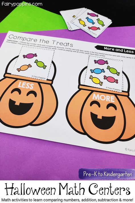 Halloween Math Center Activities Preschool Halloween Centers, Halloween Math Centers Kindergarten, Halloween Math Activities Preschool, Halloween Number Activities, Kindergarten Halloween Math Centers, Jacko Lanterns, Halloween Literacy Centers, Halloween Kindergarten Activities, Halloween Math Games