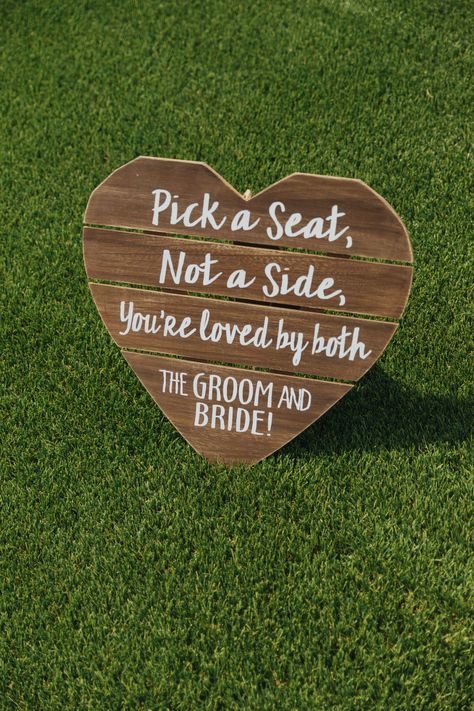 | rustic wedding ceremony decorations | rustic wedding ceremony sign | "pick a seat, not a side, you're loved by both the groom and bride!" | wedding ceremony sign quote ideas | country wedding decorations | southern wedding | photo taken at THE SPRINGS Event Venue. follow this pin to our website for more information, or to book your free tour! SPRINGS location: Parker Manor in Weatherford, TX photographer: Bow Tie Media #weddingsign #rusticwedding #rusticweddingdecor #weddingceremony #wedding Rustic Wedding Ceremony Decor, Wedding Ceremony Sign, Groom And Bride, Rustic Wedding Ceremony, Ceremony Sign, Wedding Ceremony Signs, Pick A Seat, Country Wedding Decorations, Ceremony Signs