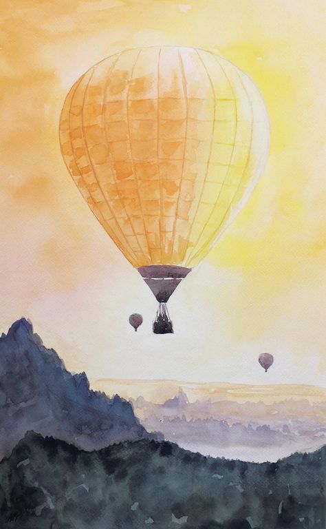 Hot Air Balloon Painting Acrylic Easy, Hot Air Balloons Painting, Hot Balloon Drawing, Painting Hot Air Balloon, Ballon Painting, Hot Air Balloon Painting, Hot Air Balloon Watercolor, Paint Journal, Watercolor Hot Air Balloon