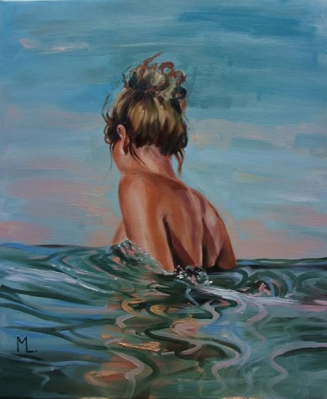 Monika Luniak, Water Girl, Canvas For Beginners, Beach Water, Painting Of Girl, Summer Sky, Beach Painting, Art Inspiration Painting, Water Painting