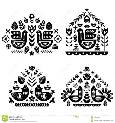 Folk art pattern collection with four single pattern. Monochrome decorative composition.. Illustration about folk, background, decore, collection, decoration, forest - 124098520 Mundo Hippie, Jagua Henna, Folk Illustration, Modern Folk Art, Arte Folk, Folk Art Flowers, Folk Design, Scandinavian Folk Art, Indian Folk Art