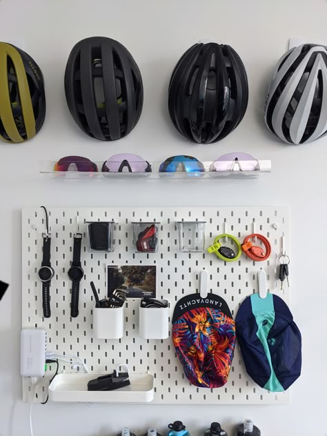 Cycling Gear Organization, Ikea Bike Storage, Bike Helmet Storage Ideas, Cycling Kit Storage, Sport Organization Ideas, Bicycle Helmet Storage, Cycling Room At Home, Cycling Room Ideas, Sports Organization Ideas