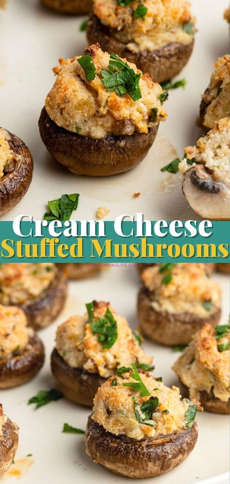 Mushroom Cheese Appetizer, Mushroom With Cream Cheese, Cheese Mushroom Recipes, Loaded Mushrooms, Creamy Stuffed Mushrooms, Mushroom And Cheese, Hamburger Stuffed Mushrooms, Stovetop Stuffed Mushrooms, Mini Stuffed Mushrooms